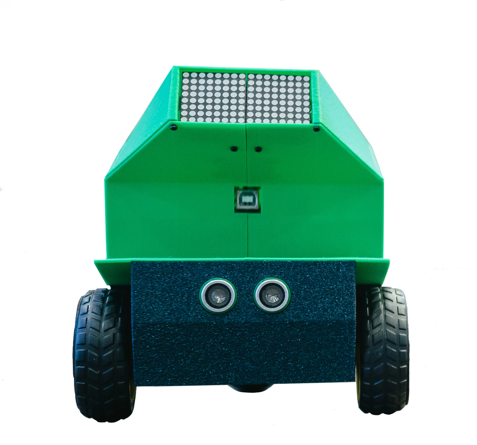 Робот Pixelbot спереди: две светодиодные матрицы и ультразвуковой датчик